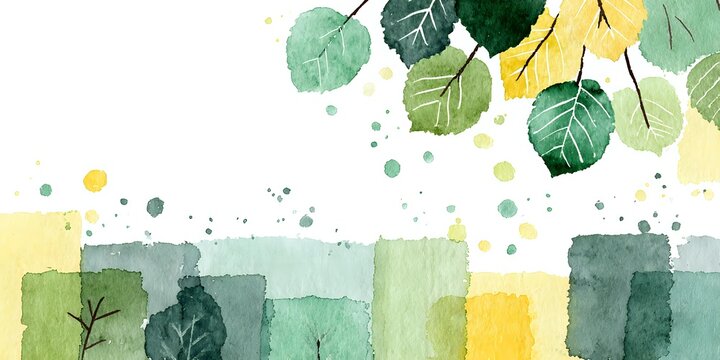 Watercolor landscape with green and yellow aspen leaves floating above abstract forest silhouettes, creating a fresh spring or summer nature scene.