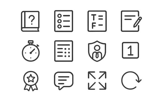 Assessment Icon Set. Assessments and quizzes. Line icon set of assessments: question bank, multiple choice, true false, short answer, timer, answer sheet,
