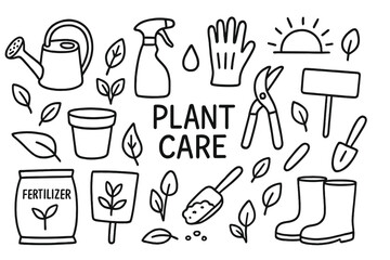 Plant Care Tools. Plant care. Hand-drawn doodle illustration plant care watering can, spray bottle, gloves, pruning shears, pot, leaves, fertilizer bag, soil