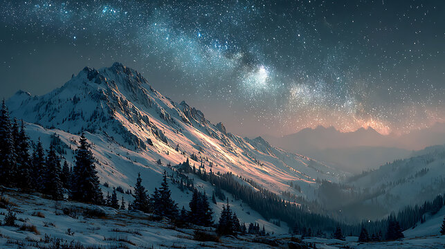 Snowy mountain range under a starry night sky with visible milky way and pine trees in the foreground