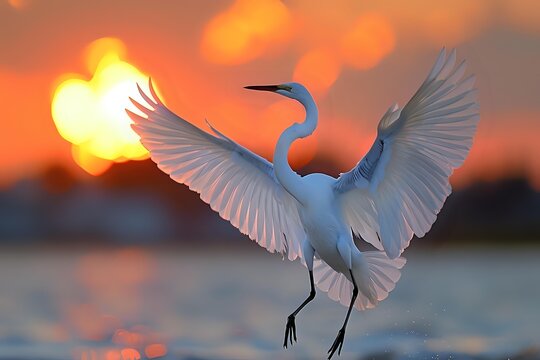 Majestic white egret with outstretched wings against vibrant sunset sky over water, creating dramatic silhouette and golden bokeh effect in nature wildlife scene.