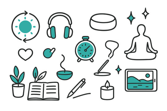Mindfulness Meditation Tech Icons. // Mindfulness & meditation tech. Hand-drawn doodle illustration mindfulness & meditation tech [breath pacing circle
