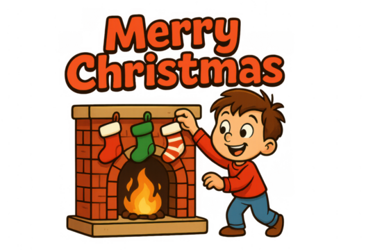 Boy hanging christmas stockings on fireplace with a crackling fire, celebrating winter holiday spirit, transparent background