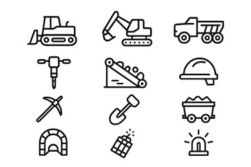Fototapeta premium Mining Icon Set. Mining and excavation. Line icon set of mining and excavation: bulldozer, excavator, dump truck, rock drill, conveyor belt, safety helmet,