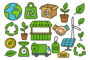 Green Market Icons. green products market. Colorful Hand-drawn doodle Children illustration green products market globe, shopping bag, recycled box, plant,