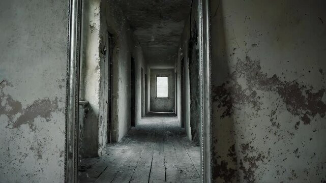 A tall mirror reflects a series of empty, decaying hallways, creating an illusion of infinite depth in a silent abandoned building.