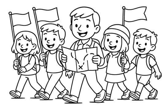 Community Procession for Kids. Community procession children?s coloring book illustration, outlined drawing, a group of smiling travelers walking together with