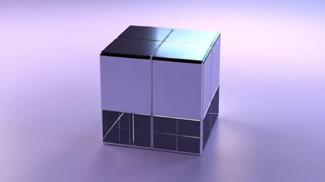 A polished cube-shaped structure with a mirrored surface, resting on a gradient purple background