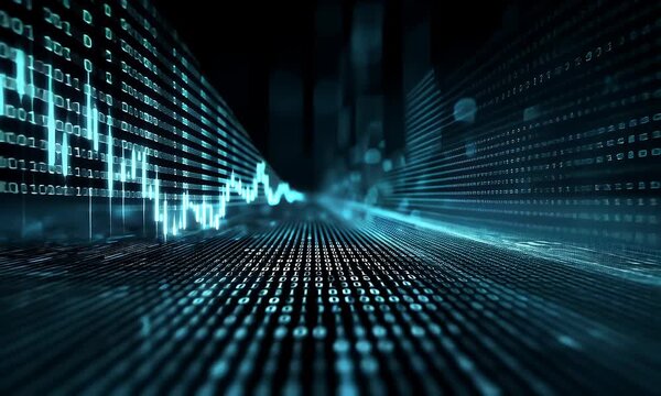 Abstract digital stream of glowing blue binary code data flowing through a dark futuristic network with light streaks and bokeh effects creating a sense of technology and information transfer - Powered by Adobe