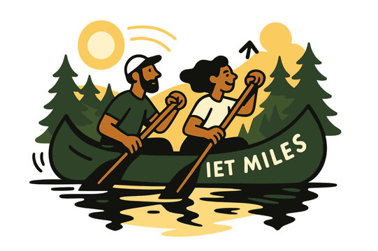 Golden Hour Canoe. Canoe glide at golden hour. A canoe slices a mirrored path as oars draw gentle chevrons; ?Quiet miles? arcs along the bow. Pines stack in