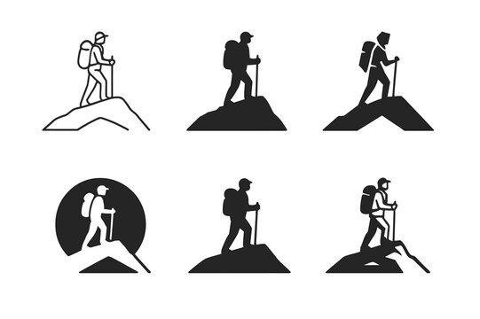 Trekker Logo Variations. Trekking in remote and unexplored areas. Set Logo of Trekking in remote and unexplored areas: lone trekker with backpack on ridge.