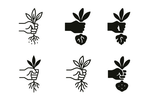 Weed Removal Icons. Pulling weeds. Set Logo of Pulling weeds: taproot and soil plug lifted. Icon set. harmonious logo variations of the same emblematic