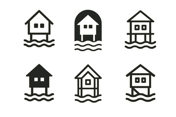 Fototapeta na wymiar Floating Neighborhood Logos. Floating neighborhoods. Set Logo of floating neighborhoods: flood-resilient stilt houses. Icon set. harmonious logo variations of