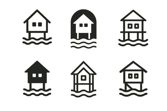 Floating Neighborhood Logos. Floating neighborhoods. Set Logo of floating neighborhoods: flood-resilient stilt houses. Icon set. harmonious logo variations of
