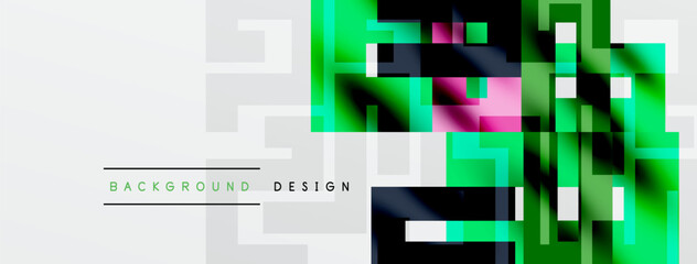 Abstract geometric pattern. Bright green, pink hues contrast with gray squares. Modern design element for backgrounds, banners.