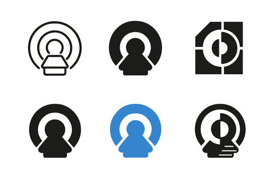 MRI Emblem Logos. MRI machine. Set Logo of MRI machine: superconducting magnet bore cross-section. Icon set. harmonious logo variations of the same emblematic