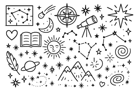 Cosmic Doodle Art. Star maps and cosmic art. Hand-drawn doodle illustration Star maps and cosmic art constellation grid, compass rose, telescope, starburst,