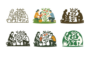 Fototapeta premium Garden Harvest Logos. A family picking fresh vegetables from their garden in the countryside. Set Logo of a family picking fresh vegetables from their garden