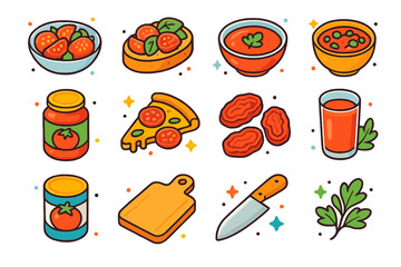 Tomato Kitchen Icons. Tomato-based kitchen creations. Colorful isometric vector icons set of Tomato-based kitchen creations: fresh tomato salad, bruschetta,