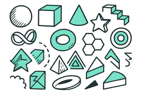Bold Geometry Doodles. // Bold geometry mashup. Hand-drawn doodle illustration bold geometry mashup [sphere, cube (accented), cone (accented), extruded star,