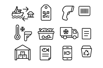 Seafood Traceability Icons. Seafood Traceability. Line icon set of Seafood Traceability: boat to market arrows, QR tag, barcode scanner, cold chain