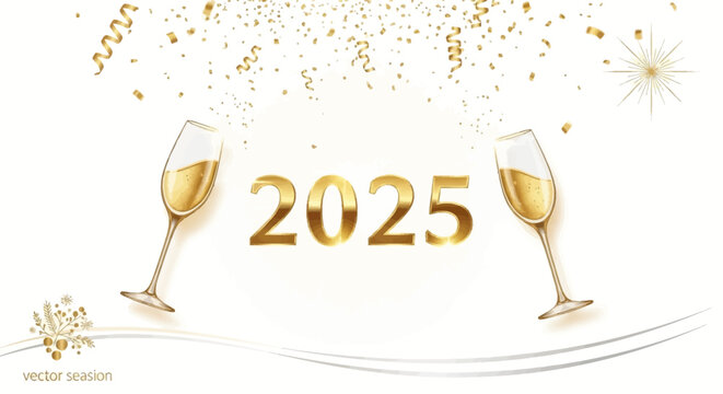 Celebrate New Year 2025 with elegant golden champagne flutes and sparkling confetti for festive parties and joyful gatherings, wishing success and happiness