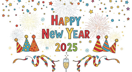Fototapeta premium Celebrate the new year 2025 with festive fireworks and party hats, ready for social media greetings and vibrant holiday marketing campaigns