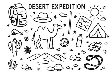 Fototapeta premium Desert Expedition Icons. Desert Expedition. Hand-drawn doodle illustration Desert Expedition backpack, hat, walking stick, map, compass, tent, water bottle,