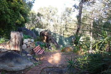 Paved area with bench near woodland homestead