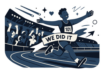 Victory Celebration. Victory lap. A runner coasts past the stands with arms wide; ?We did it? loops on a ribbon. Track lights streak as the crowd erupts in