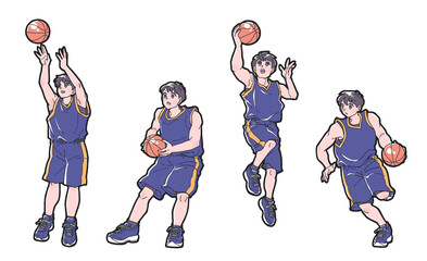 バスケットボールをする男の子の4種のポーズのイラストセット