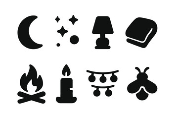 Nighttime Ambiance Icons. Nighttime ambiance. Filled icon set of nighttime ambiance: moon icon, starry sky,