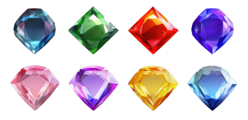 Nine colorful, diamond-shaped gems in various hues