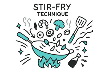 Obraz premium Stir-Fry Doodle Art. // Stir-fry technique. Hand-drawn doodle illustration Stir-fry technique [wok (accented), toss motion arrows (accented), flame (accented),