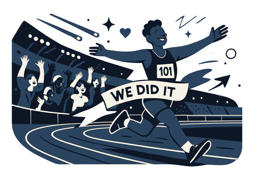 Victory Celebration. Victory lap. A runner coasts past the stands with arms wide; ?We did it? loops on a ribbon. Track lights streak as the crowd erupts in