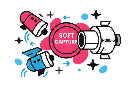 Space Docking Harmony. Docking Node (NODE-). Two capsules approach with gentle thruster arcs; a bold ring lights ?SOFT CAPTURE?. Alignment arrows and stars