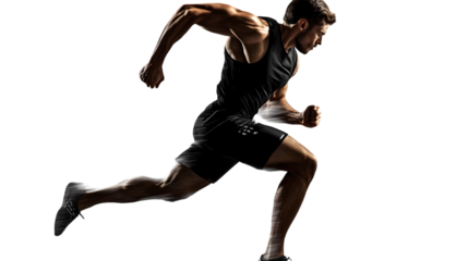 Silhouette of determined male athlete running isolated on transparent background, showcasing strength and speed