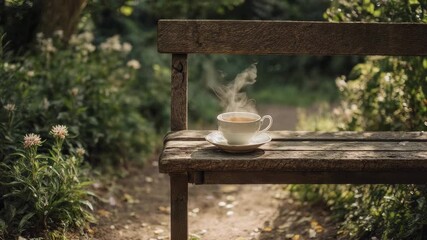 A steaming cup of tea rests on an old wooden garden bench surrounded by soft morning light and blooming greenery.