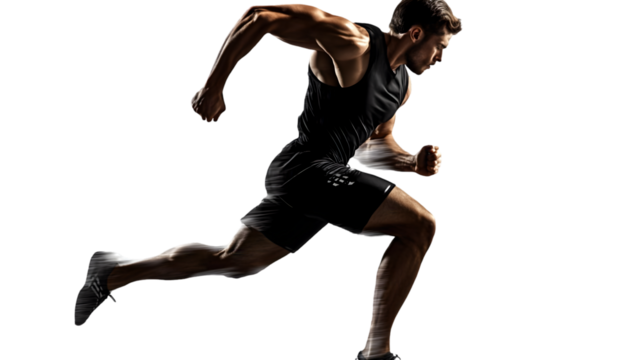 Silhouette of determined male athlete running isolated on transparent background, showcasing strength and speed