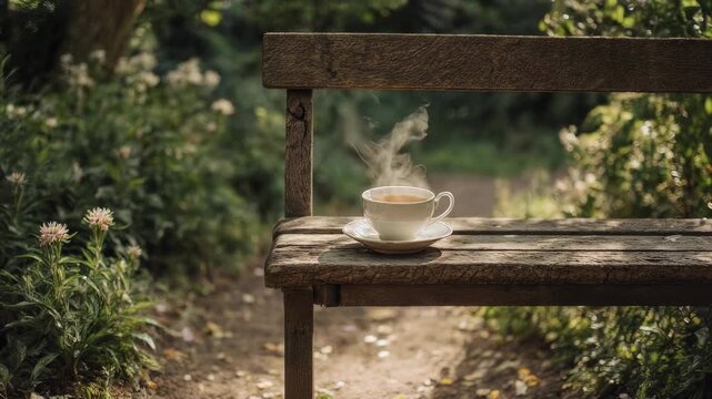 A steaming cup of tea rests on an old wooden garden bench surrounded by soft morning light and blooming greenery.