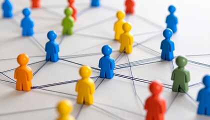 Colorful figurine network with intersecting lines on white surface
