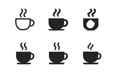 Obraz premium Morning Coffee Logos. Morning routine. Set Logo of Morning routine: steaming coffee mug. Icon set. harmonious logo variations of the same emblematic concept,