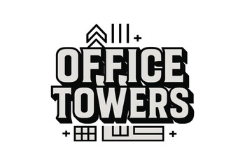 Bold Geometric Lettering. Office Towers ? bold block geometric lettering; thick massy letters with geometric serifs, heavy outer outline, strong cast shadow;