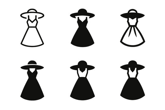 Womenswear Fashion Logos. Womenswear fashion. Icon set. Set Logo of Womenswear fashion: summer sundress with wide-brim hat. harmonious logo variations of the