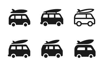 Obraz premium Vacation Logo Variations. Holiday travel and vacation. Set Logo of Holiday travel and vacation: road trip van with surfboard. Icon set. harmonious logo