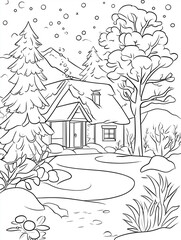 Winter cabin in snowy forest scene for coloring, design for card or book