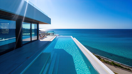 Fototapeta premium A luxurious villa with a pool overlooking a stunning seascape, bathed in rays of bright sunlight.