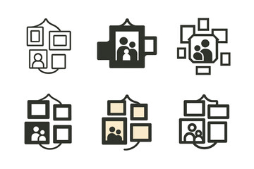 Family Photo Decor Icons. Personalizing home decor with family photos. Set Logo of personalizing home decor with family photos: picture frames on wall grid.