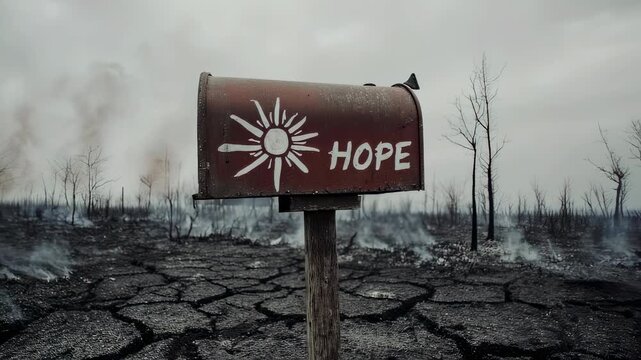 A rusty mailbox labeled 'HOPE' stands in the middle of a barren, scorched landscape with charred trees and drifting smoke.