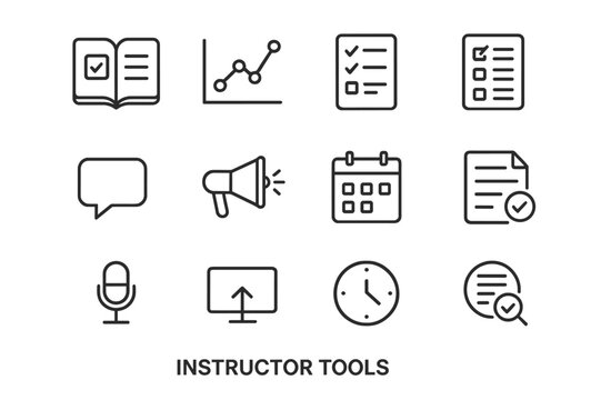 Instructor Tools Icons. Instructor tools. Line icon set of instructor tools: gradebook, analytics chart, attendance list, rubric, comment bubble, announcement,